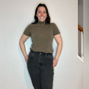 Liz Claiborne Collection Retro Silk Tan and Blue Mock Neck T-Shirt Medium